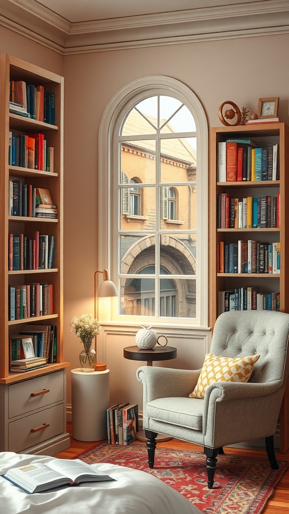 Cozy reading nook with bookshelves, a comfortable chair, and a window.