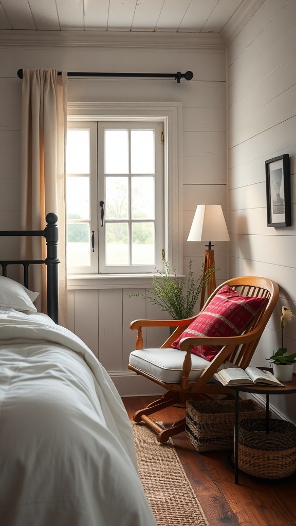 A cozy reading nook in a farmhouse glam bedroom with a rocking chair, a side table, and natural light from a window.