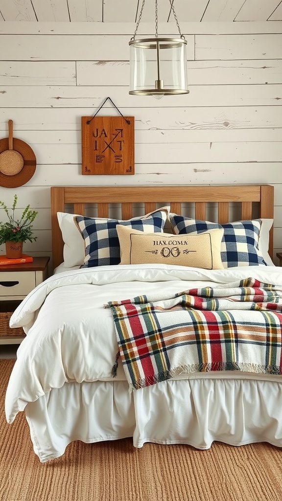 A cozy rustic bedroom featuring layered bedding with plaid accents and a wooden bed frame.