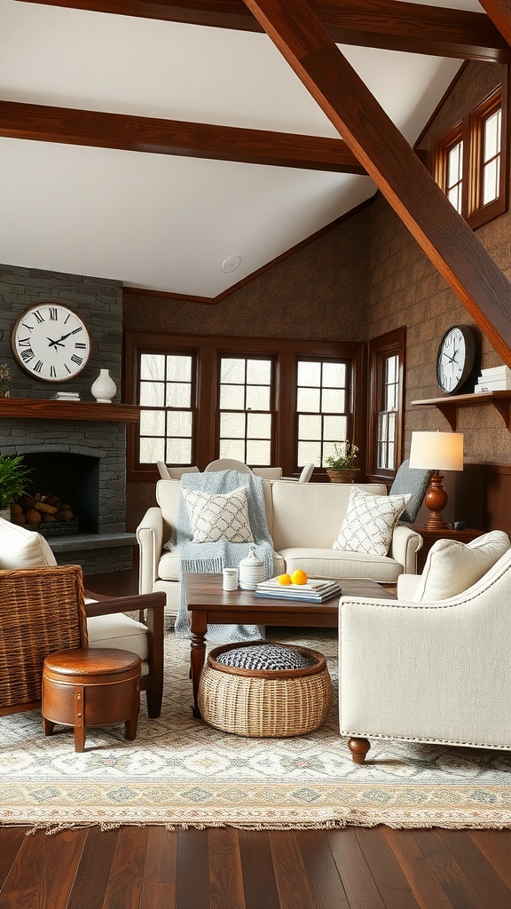 A cozy rustic living room with dark wooden beams, cream sofas, and a mix of decorative elements.