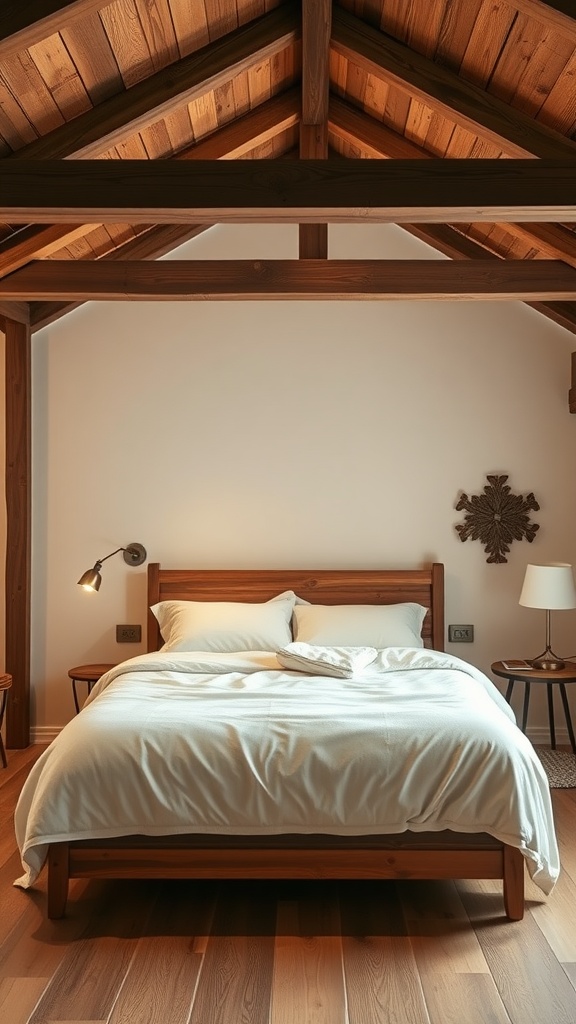 Cozy rustic farmhouse basement bedroom with wooden beams and a simple bed