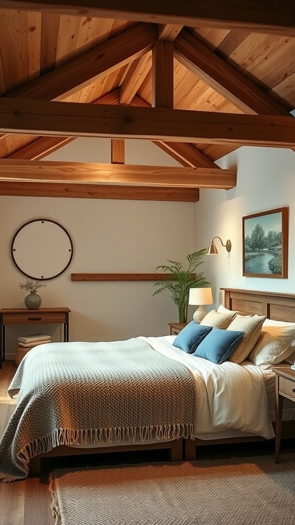 Cozy farmhouse basement bedroom with wooden beams and natural textures