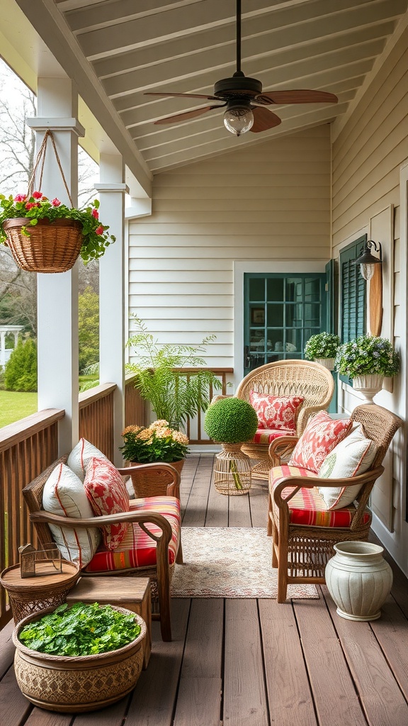 Cozy farmhouse back porch with wicker chairs, patterned cushions, and hanging flower baskets.