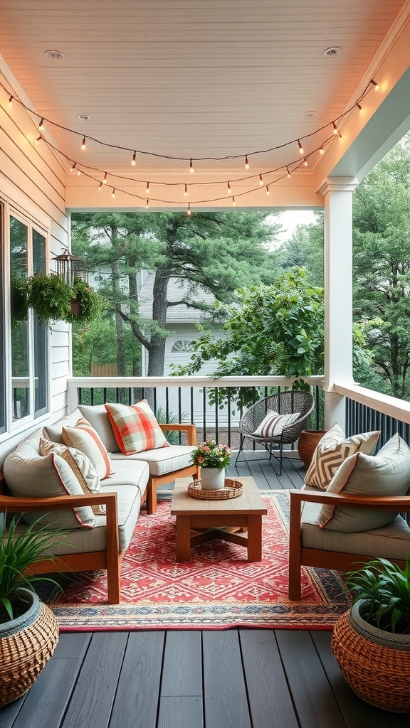 Cozy seating arrangement on a boho back porch with string lights, cushions, and plants.