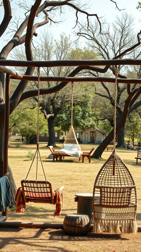 A cozy outdoor area featuring two swing chairs—one wooden and one woven—hanging from a frame among trees.