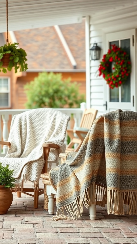 Two cozy throw blankets draped over rustic chairs on a farmhouse patio with greenery and holiday decorations.