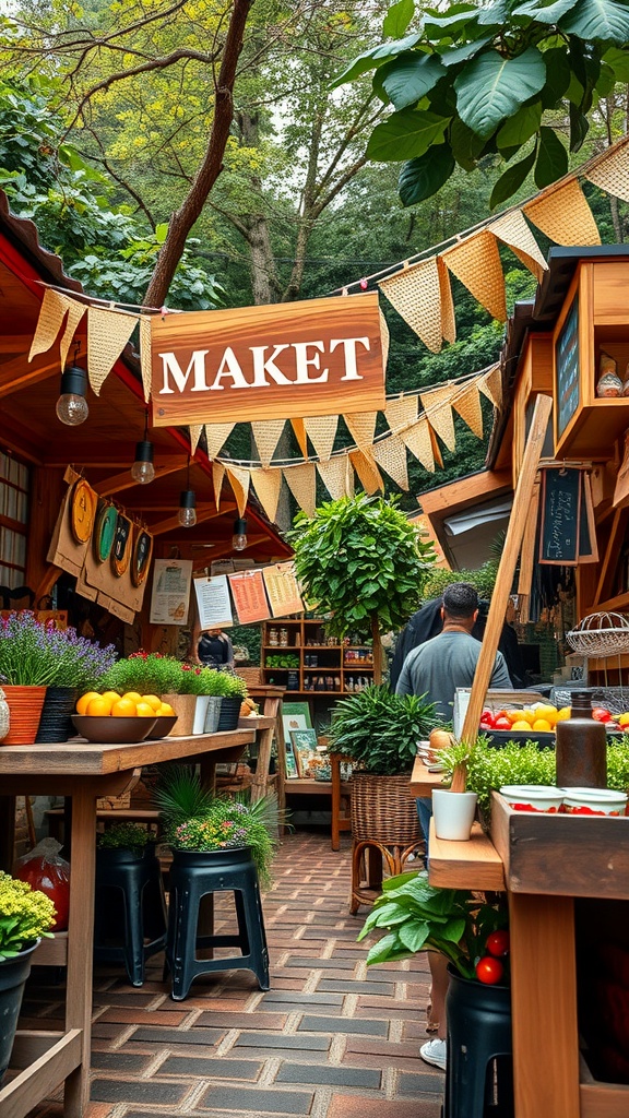 A cozy craft fair inspired garden market with stalls displaying fresh produce and plants, surrounded by greenery.
