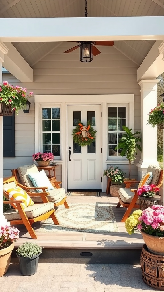 A cozy farmhouse back porch with comfortable seating and colorful flowers.