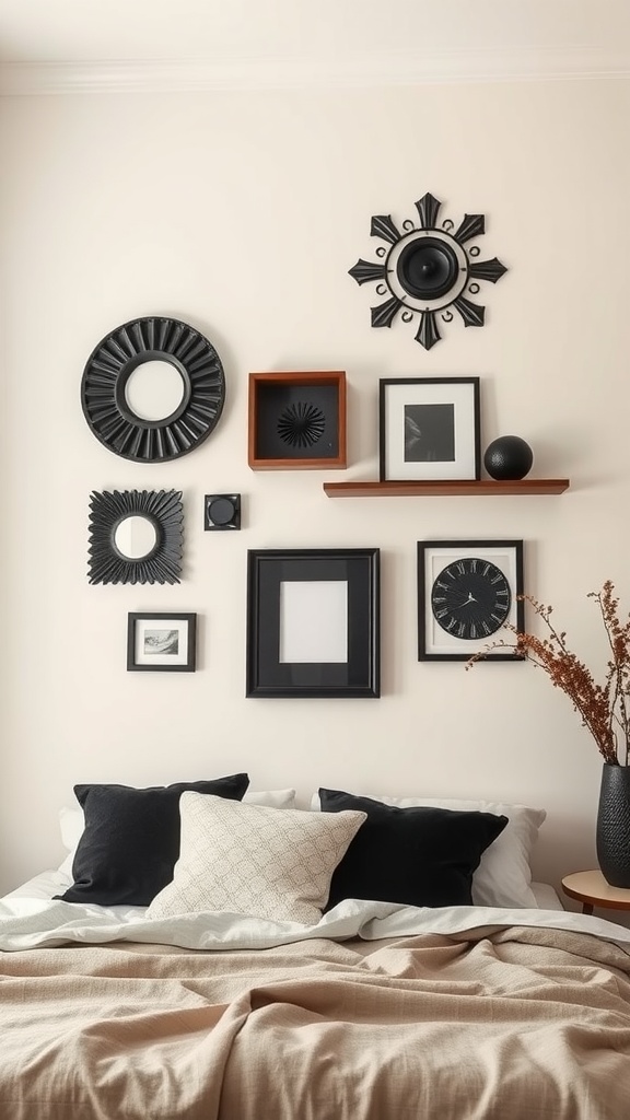 A cozy bedroom featuring a cream accent wall with black decor elements, including frames and mirrors.