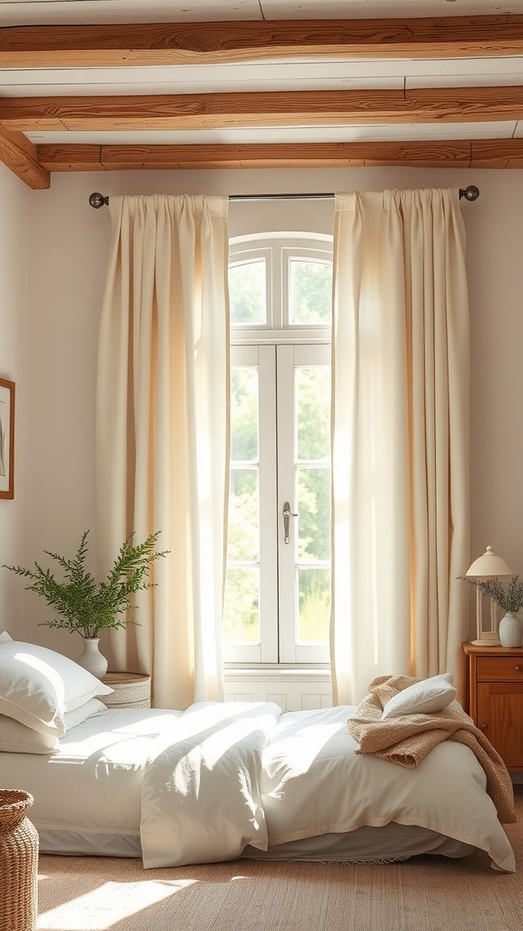 A cozy bedroom with cream color curtains, white bedding, and wooden beams, showcasing a tranquil atmosphere.