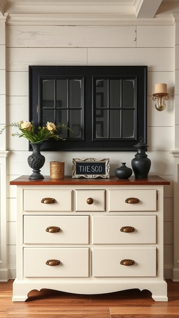 Cream color dresser with black accents, featuring decorative vases and a framed sign on top.