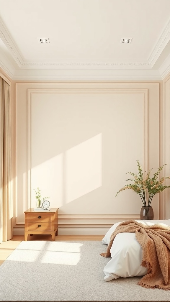 A cozy bedroom featuring a creamy almond accent wall, wooden nightstand, and neutral bedding.