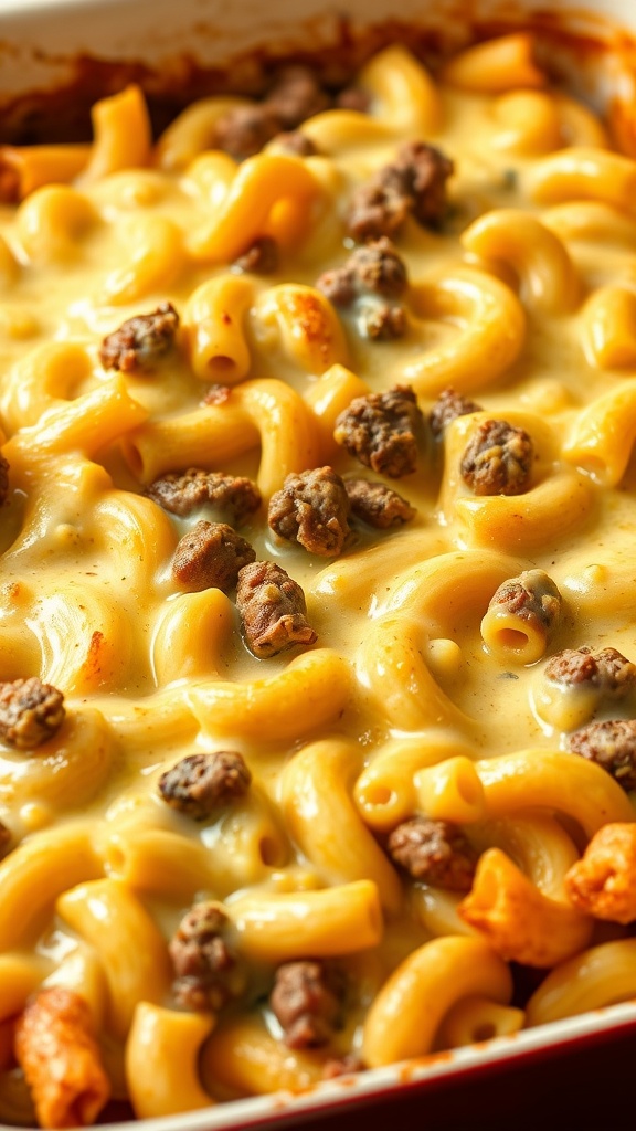 Creamy beef and macaroni bake in a casserole dish