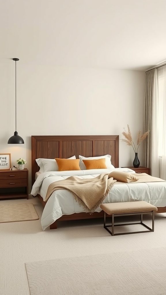 A cozy farmhouse bedroom featuring creamy beige walls, dark wooden furniture, and warm-toned accessories.