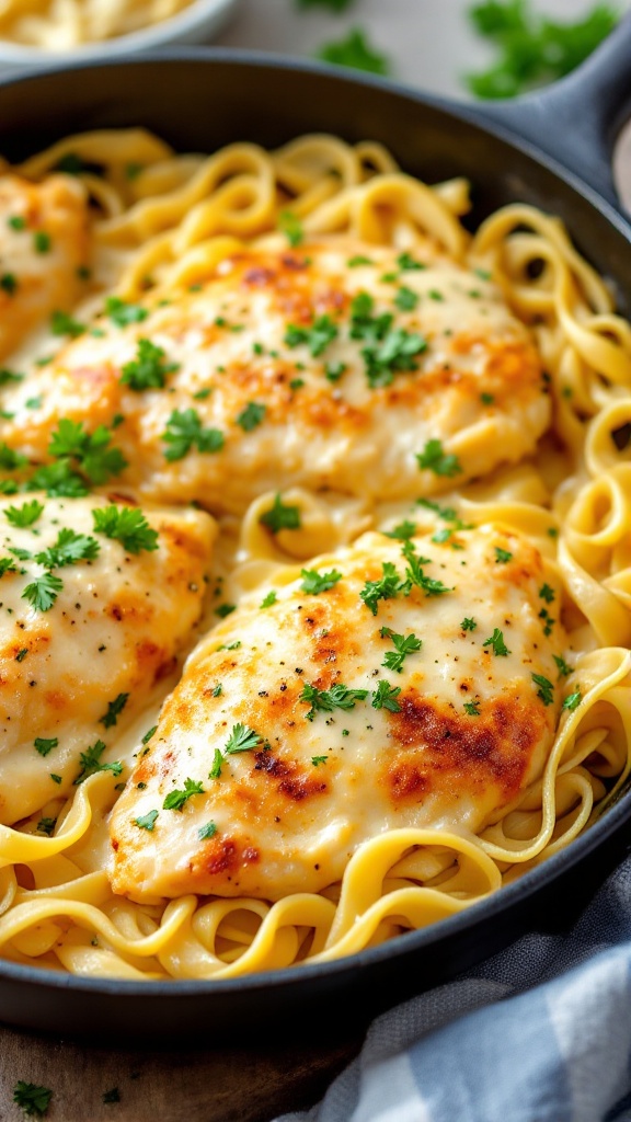 Creamy garlic parmesan chicken on a bed of fettuccine pasta, garnished with parsley.