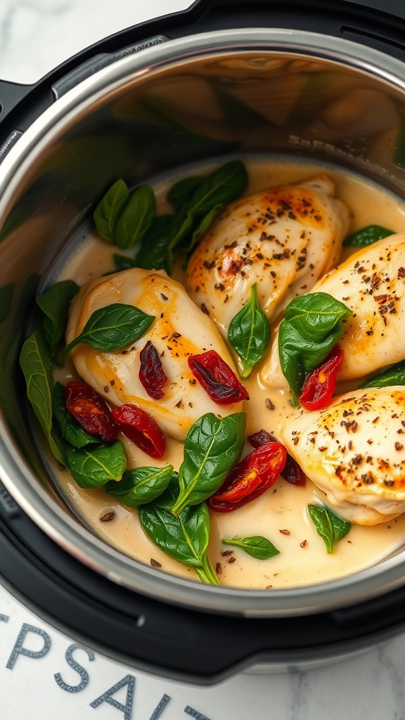 Creamy Tuscan Chicken dish with spinach and sun-dried tomatoes in a creamy sauce