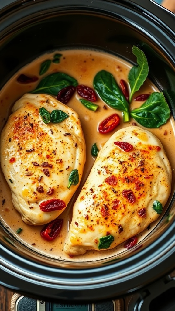 Crockpot filled with creamy Tuscan garlic chicken, spinach, and sun-dried tomatoes.