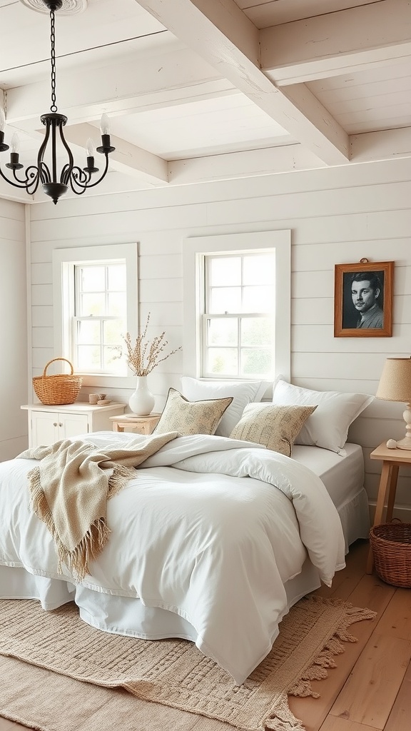 A cozy farmhouse bedroom with creamy white walls, light wooden floors, and rustic decor.