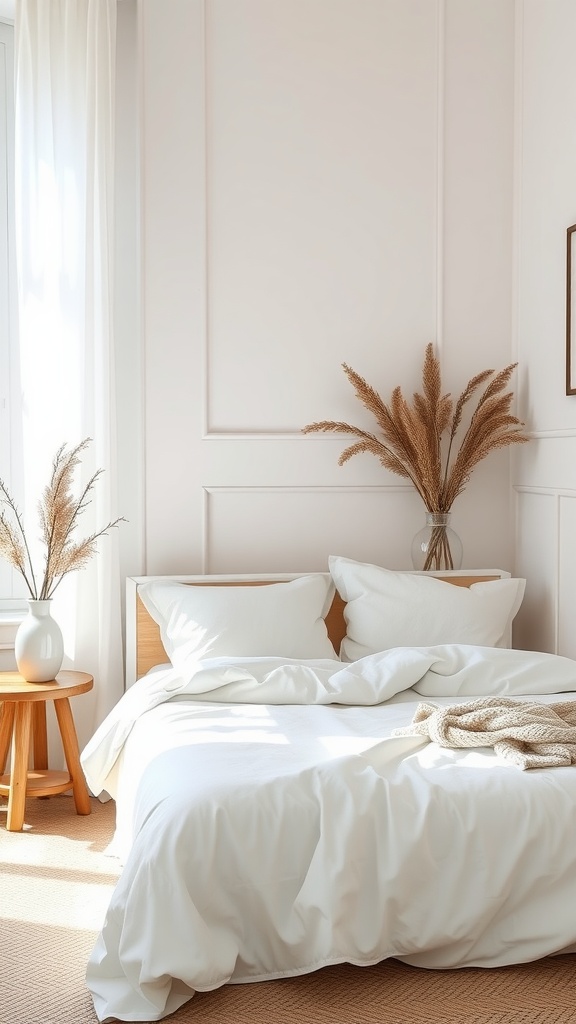 A cozy farmhouse bedroom featuring creamy white walls and rustic wood accents, creating a serene and inviting atmosphere.