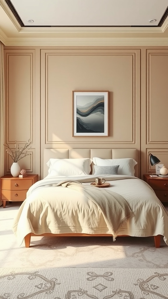A modern beige bedroom with a cozy bed, warm lighting, and beautiful wall art