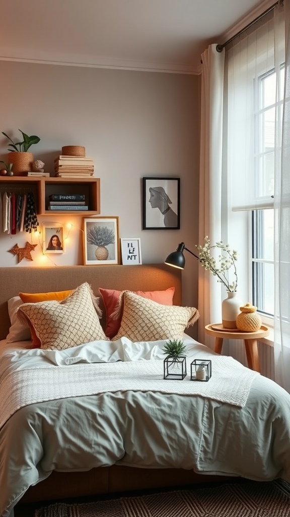 Cozy farmhouse bedroom featuring a neatly made bed with decorative pillows, wooden shelves with plants and artwork, and soft lighting.