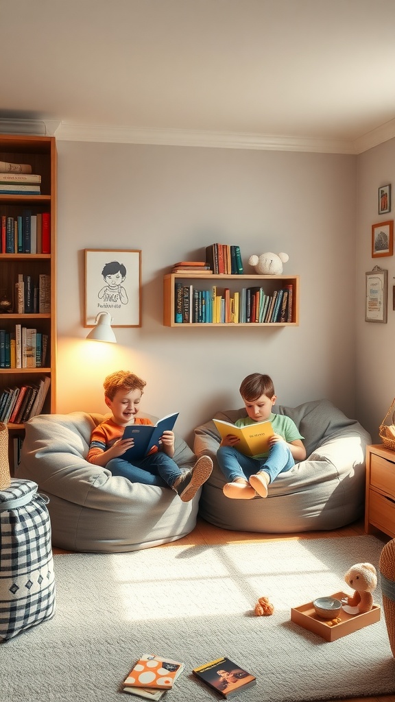 Two boys reading in a cozy corner with bean bag chairs, surrounded by bookshelves and warm lighting.