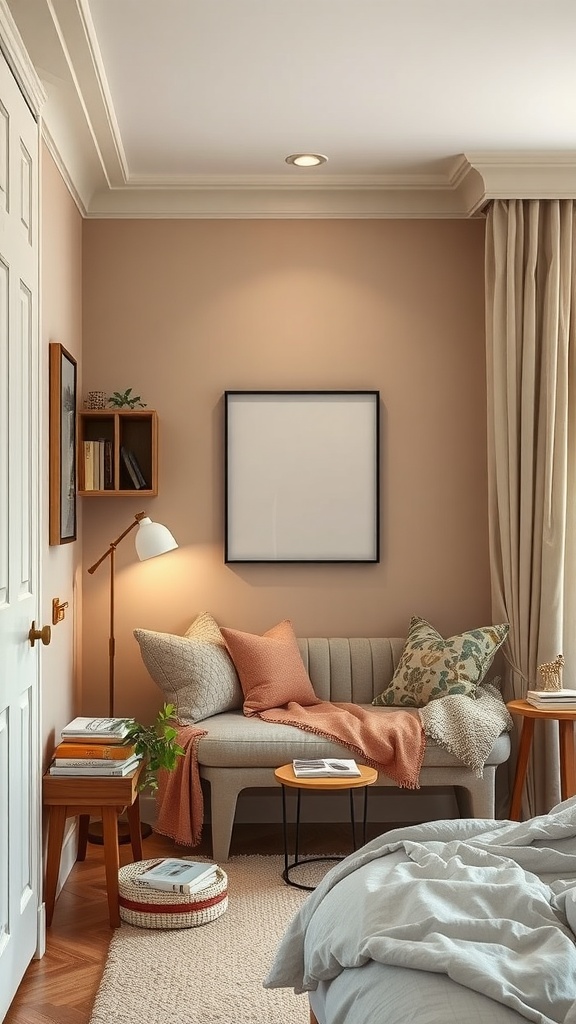 A cozy reading nook featuring a gray sofa, soft pillows, warm lighting, and a small side table in a beige bedroom.