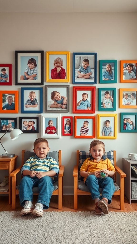 A family photo wall in a twin boys bedroom featuring colorful frames with various pictures of children, with two boys sitting in front.