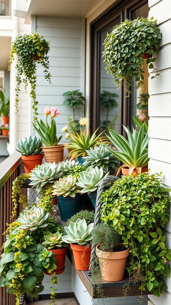 A balcony filled with various potted plants, showcasing hanging planters and vibrant greenery.