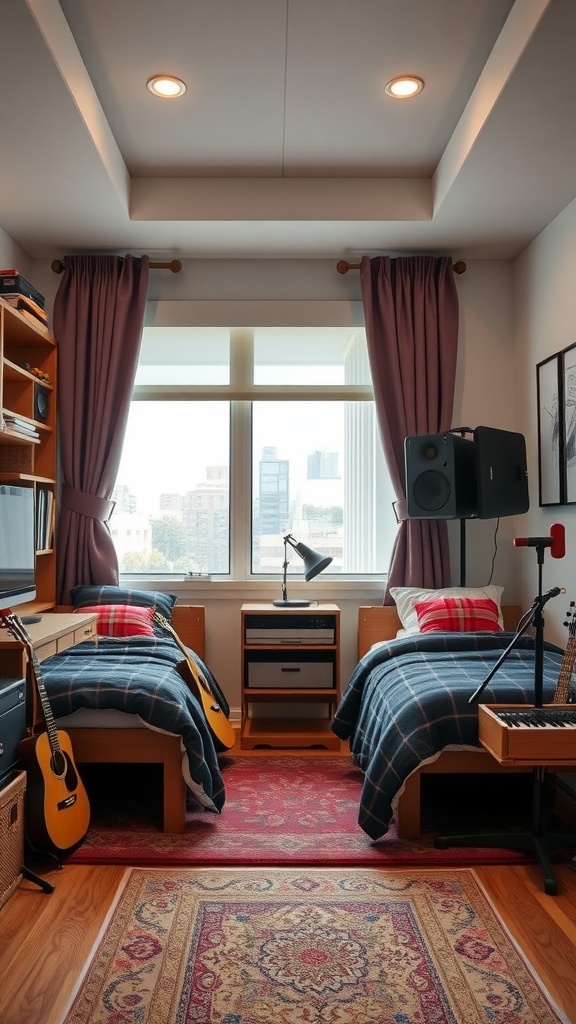 A cozy twin boys bedroom with beds, music instruments, and a window view