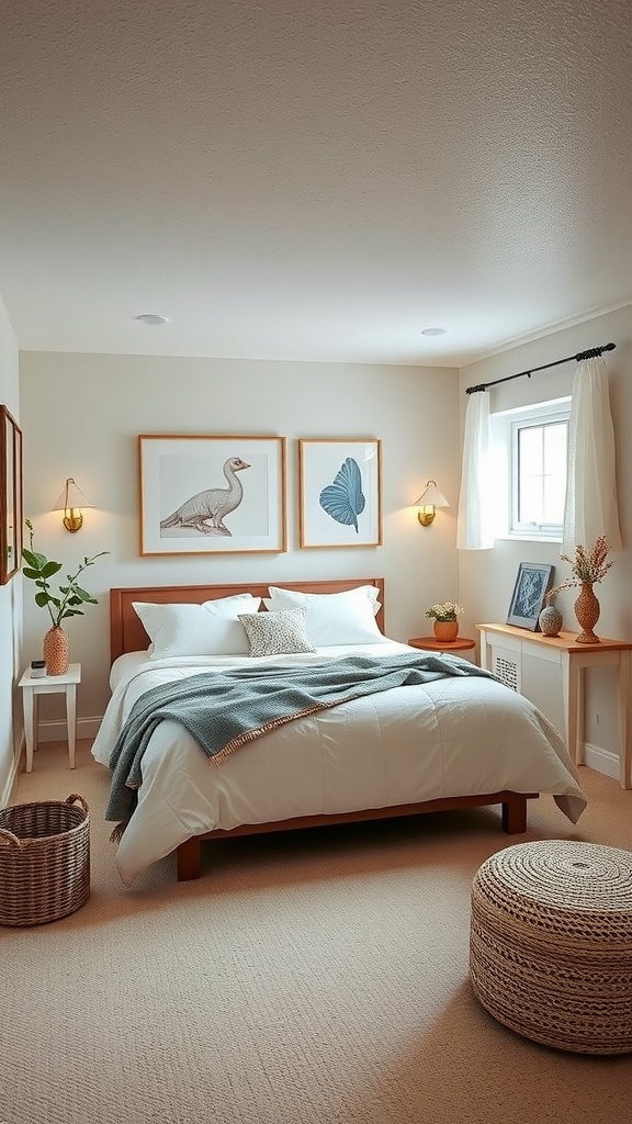 A cozy farmhouse basement bedroom with soft colors, natural decor, and inviting lighting.