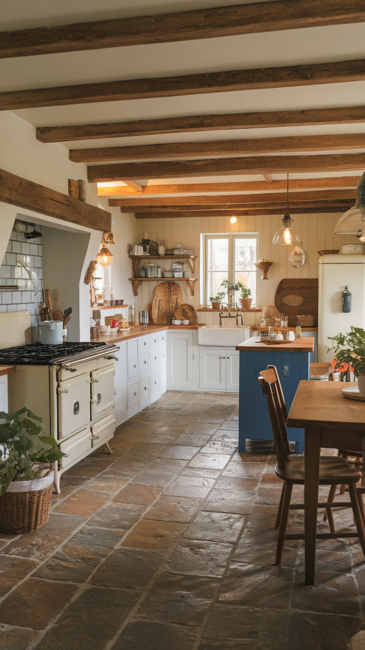 Farmhouse kitchen with rustic stone tile flooring leading to an outdoor dining area.