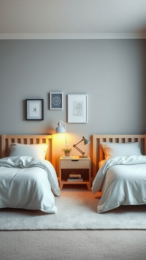 A cozy twin boys bedroom featuring two beds with white bedding, a warm bedside lamp, and simple wall art.