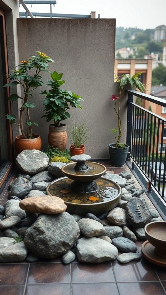A cozy outdoor balcony featuring a water fountain surrounded by stones and various plants, creating a tranquil zen space.