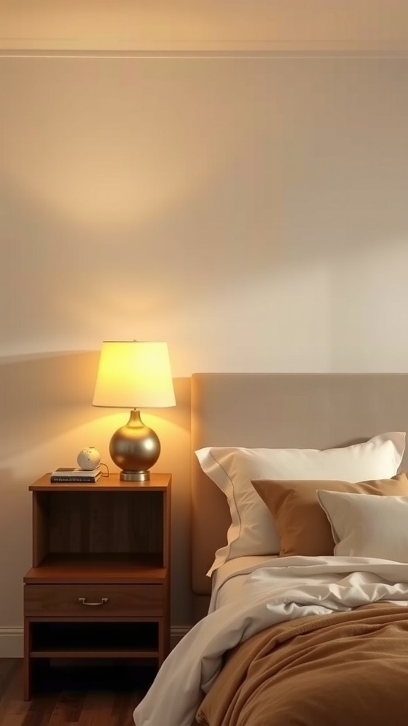 A cozy beige bedroom with a modern lamp on a nightstand, creating a warm ambiance.