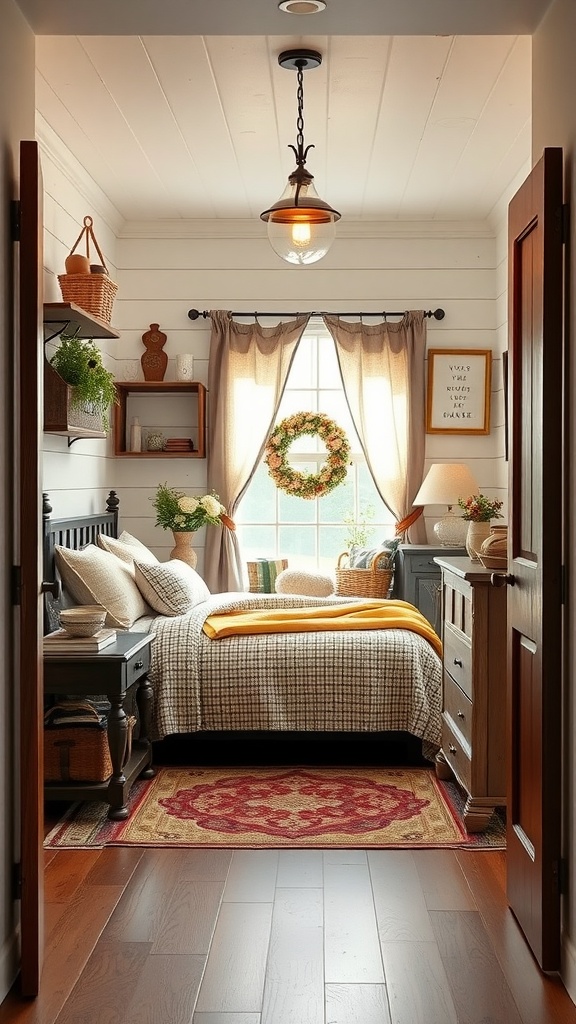 A charming entrance to a small farmhouse bedroom with a cozy decor.