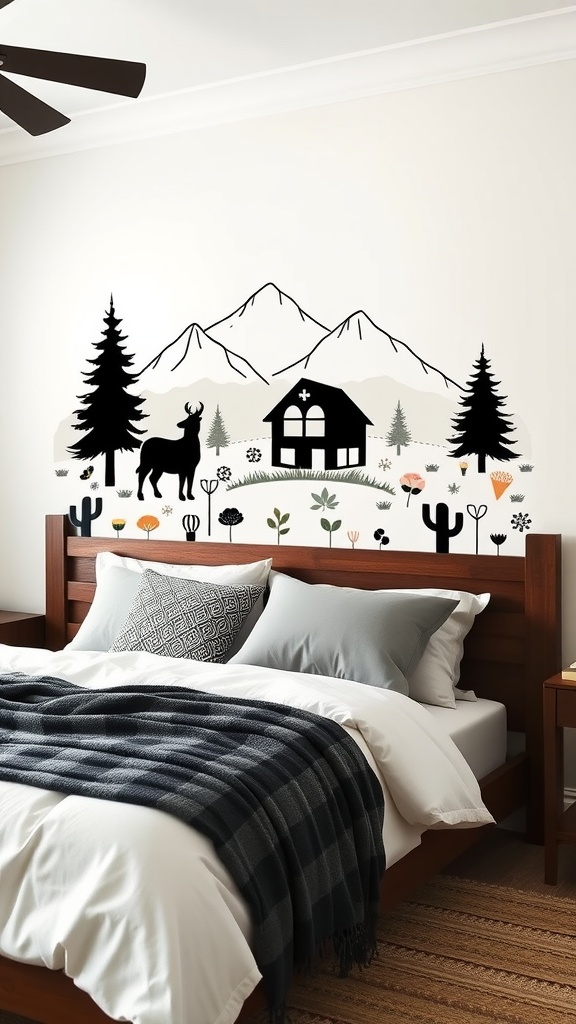 Black and cream wall decals featuring a farmhouse, mountains, and nature elements