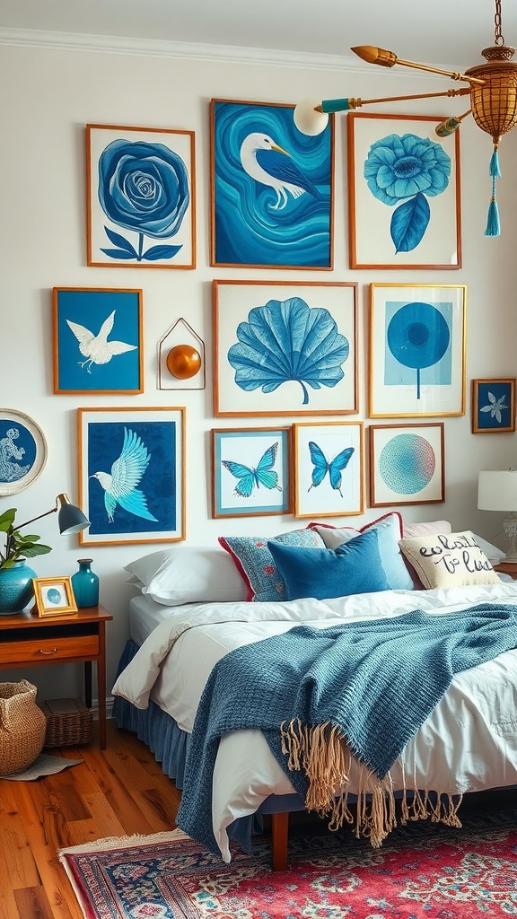 A vibrant blue boho bedroom featuring a creative art display on the wall with various blue-themed artworks.