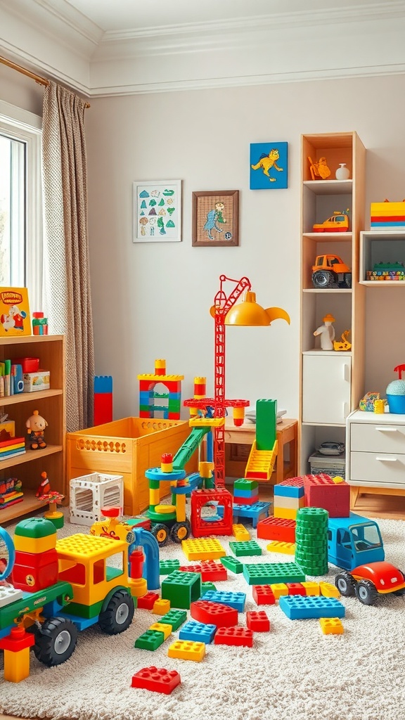 Colorful building blocks and toys in a cozy boys bedroom corner