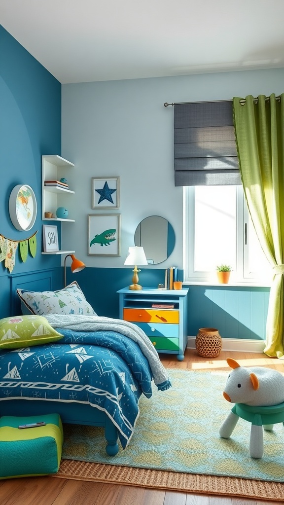 A colorful twin boys bedroom featuring blue walls, green curtains, and playful decor.