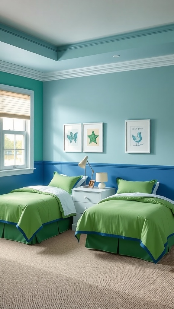A twin boys bedroom featuring green bedding and light blue walls.