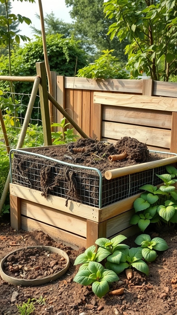 A wooden compost bin with a wire mesh cover, surrounded by green plants in a garden setting.