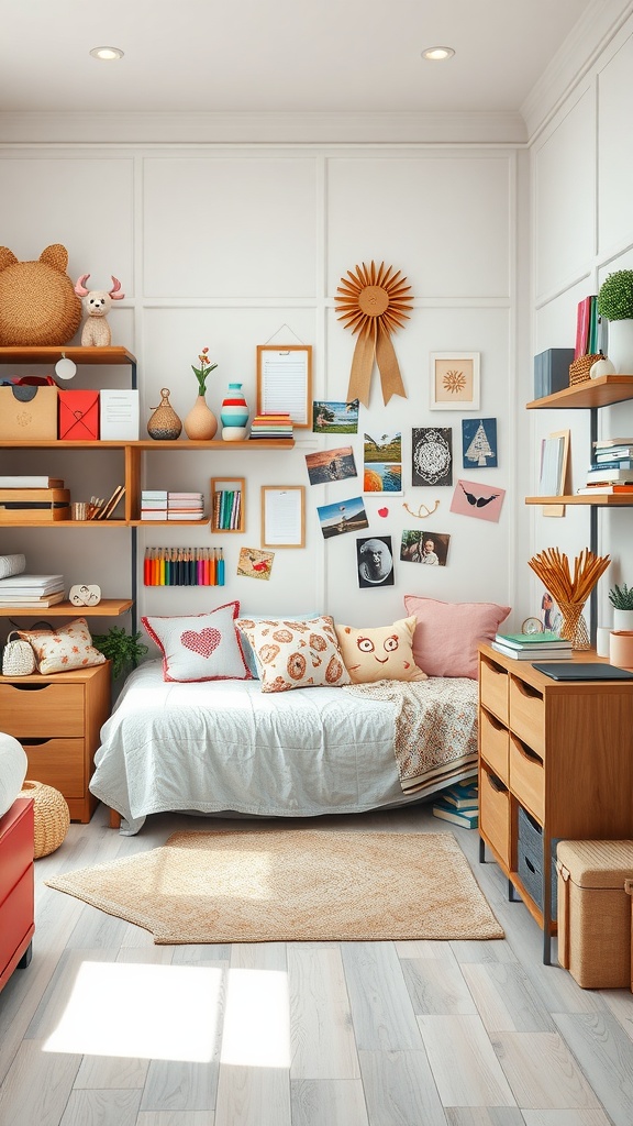 A cozy artist's space featuring a bed with colorful pillows, decorated walls with photos and notes, and shelves filled with books and crafting supplies.