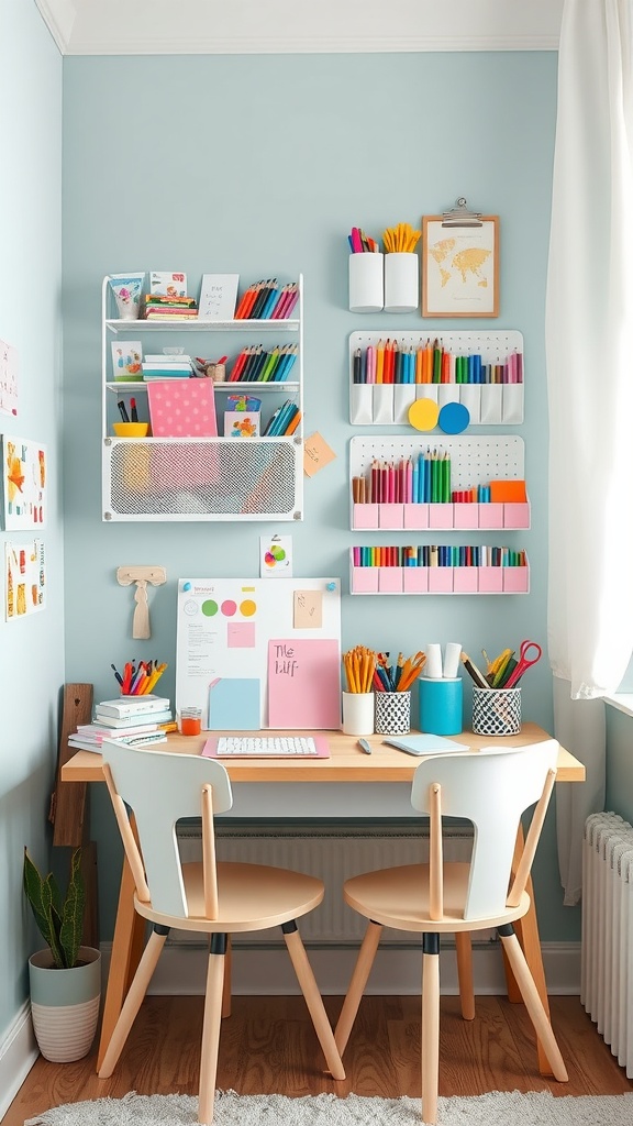 A colorful and organized desk space for girls, featuring bright stationery, a light wooden desk, and creative wall storage.