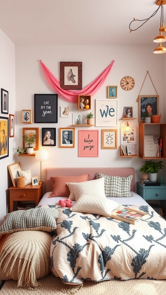 A cozy bedroom with a mix of framed art, pink accents, and layered cushions, creating a personalized decor.