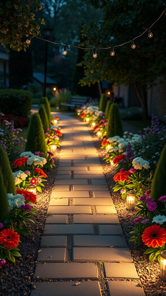 A beautifully lit garden path with flowers on both sides and string lights overhead.