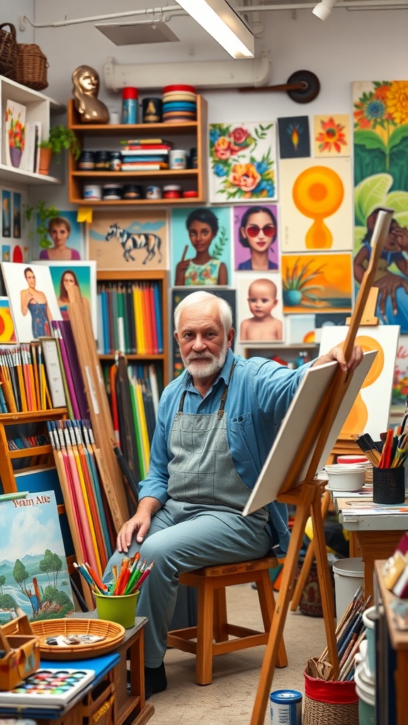 An artist in a colorful studio with various art supplies and artworks around him.
