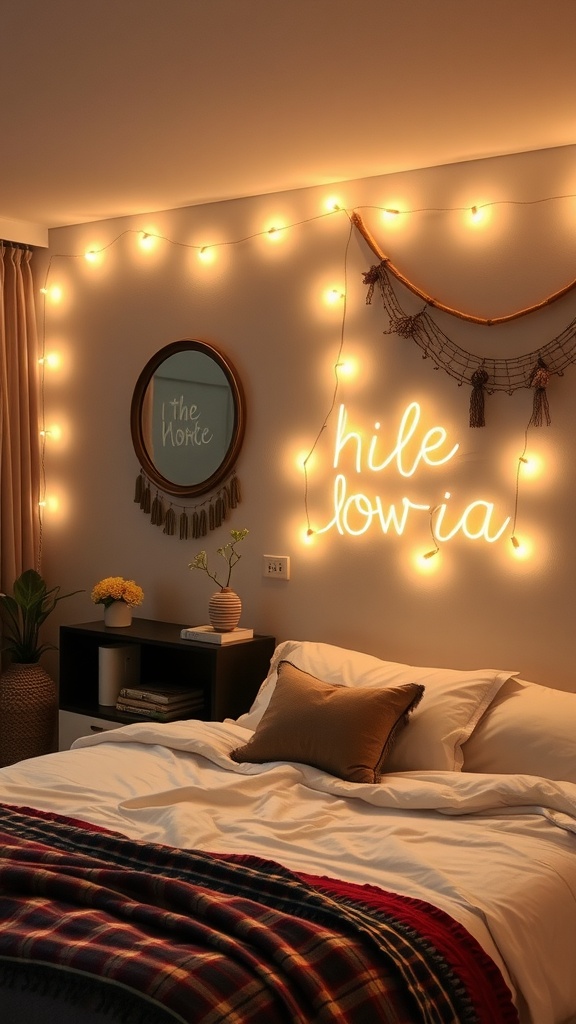 Cozy boho bedroom with warm light-up wall art and decorative elements.