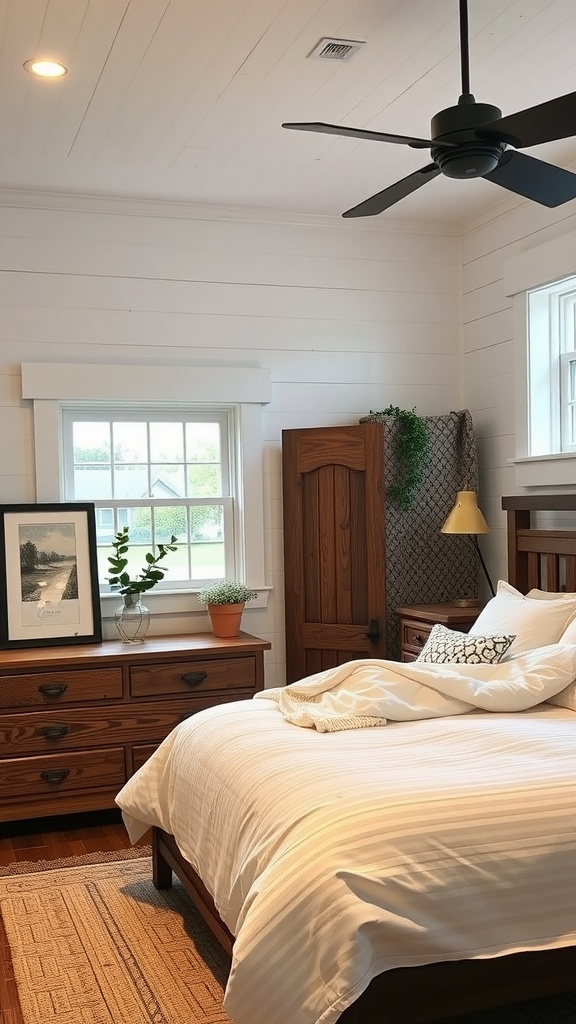 A cozy farmhouse chic bedroom with natural light and creative lighting solutions.