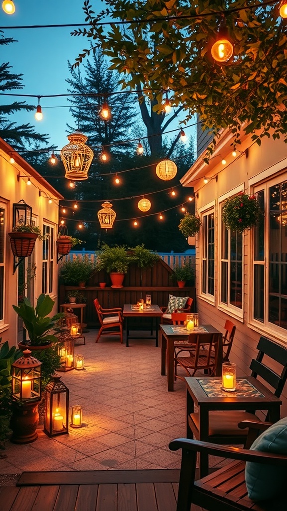 A beautifully lit Bohemian patio with string lights, lanterns, and candles creating a cozy evening atmosphere.